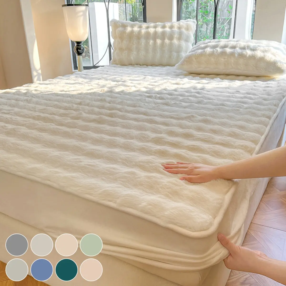 Luxury Faux Rabbit Fur Bedding Set, Soft Warm Fitted Sheet with 1/2 Pillowcases, Solid Color 3-Piece Bed Sheet Set, All Season Cozy Plush Bedding for Bedroom, Dorm, Sofa & Guest Room, Ideal Holiday Christmas Gift