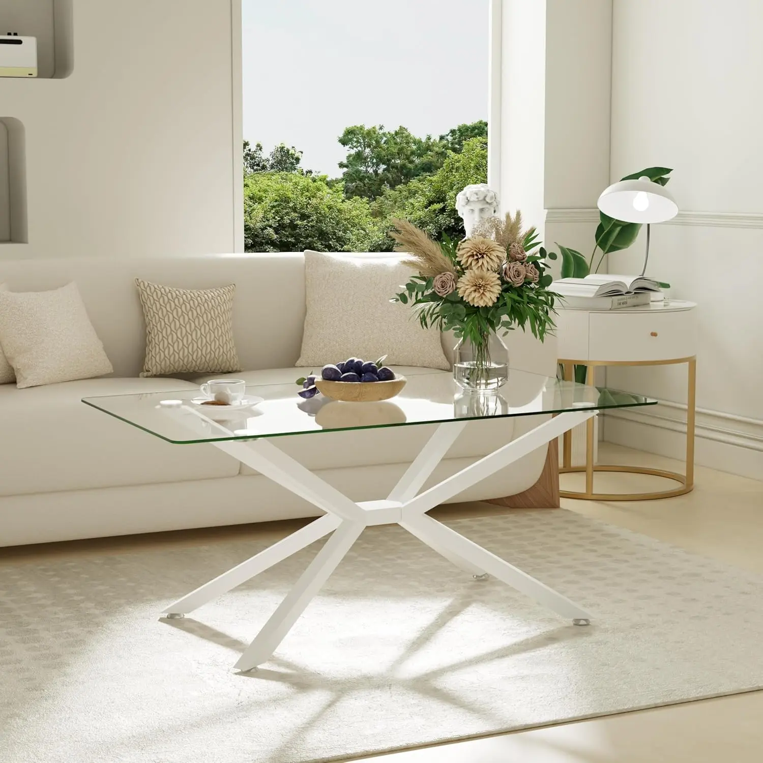 Modern 40 Inch Rectangular Coffee Table, Tempered Glass Top Clear Center Table and Silver Stainless Leg, Transparent Coffee Tables for Living Room, Home, Office