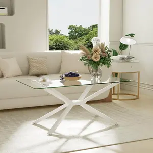 Modern 40 Inch Rectangular Coffee Table, Tempered Glass Top Clear Center Table and Silver Stainless Leg, Transparent Coffee Tables for Living Room, Home, Office