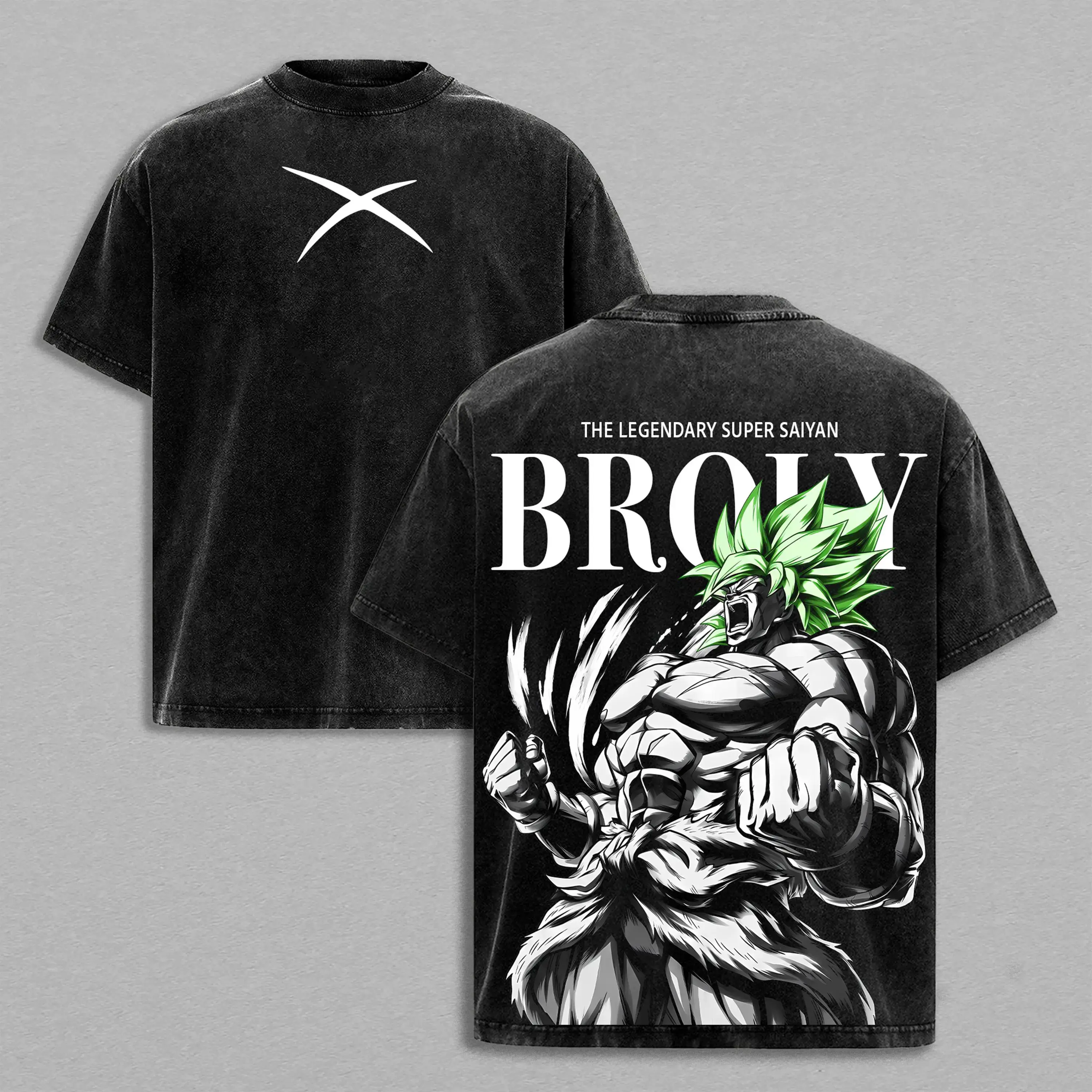 Men's Vintage Broly Graphic T-Shirt - Short-Sleeve, Round Neck, Washed Cotton Menswear, Oversized Draped Fit, Casual Anime Streetwear & Gym Pump Cover