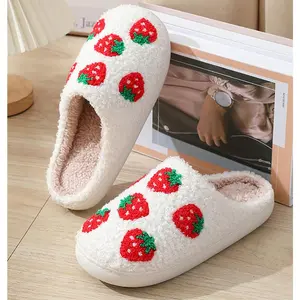 Women's  Fluffy Plush Slippers - Cute Cartoon Animal House Slippers - Cuddly Warm Indoor/Outdoor Fuzzy Memory Foam Retro Home Couple Shoes Soft Strawberry