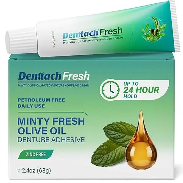 Denttach Fresh Denture Adhesive with Invigorating Mint Flavor, Petroleum Free Olive Oil Based Denture Cream for Full and Partial Dentures, All Day Hold Denture Glue, Zinc Free, 2.4 Ounce