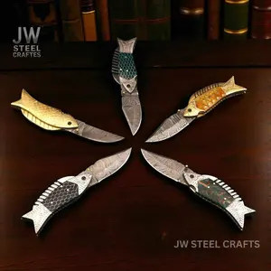 JW SteelCrafts Fish-Style Damascus Folding Knife | 5 Color Variants | Hand-Engraved Collectible by JW SteelCrafts