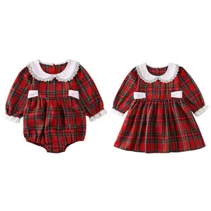 My First Christmas Toddler Baby Girls Plaid Dress Doll Collar Ruffle Long Sleeve Smocked Dresses Romper Sister Matching Outfits