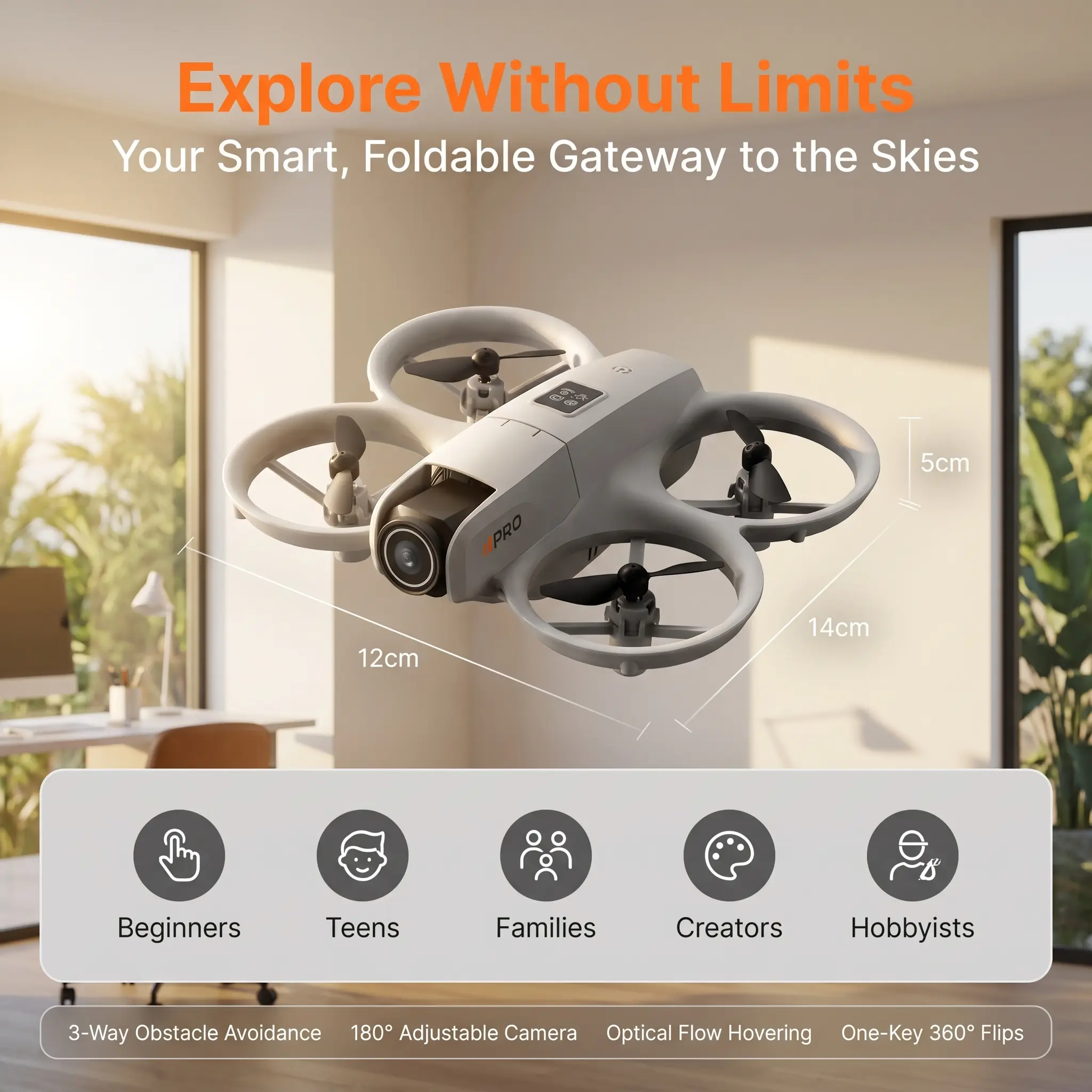 i1PRO Foldable Mini Drone, 3‑Way Obstacle Avoidance, 180° Electric Adjustable Camera, Optical Flow Hover, WiFi FPV Quadcopter for Beginners & Kids