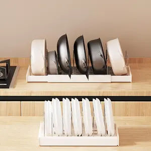 Expandable Metal Kitchen Storage Rack with 7 Adjustable Stainless Steel Dividers, Pot & Pan Organizer, Countertop-Cabinet Holder for Lids & Bakeware Utensils, Mom Gift (White/Grey)