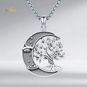 Sebina Tree Of Life Necklace S925 Silver Moon & Star Tree Of Life Pendant Sterling Silver Jewelry Equipped With A Leather Chain And An Adjustable-Length Chain Jewelry For Daily Wear And Gifts For Festivals And Anniversaries For Both Men & Women