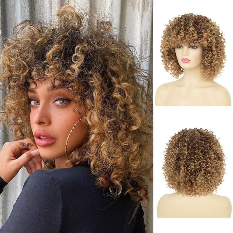 Blonde Curly Afro Wigs for Black Women with Dark Roots Kinky Fluffy Synthetic Wig Daily Costume Cosplay Wigs