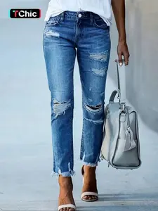 Women's Plain Distressed Hemming Jeans, Street Fashion Casual Comfy Jeans for Daily Wear, Ladies Bottoms for Spring & Fall（gift）