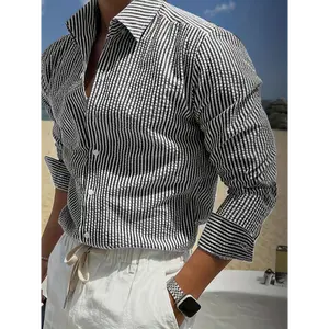 Men'S Casual Fashion Striped Button-Up Shirt - Soft & Comfortable Non-Stretch Fabric, Long Sleeve, Lapel Collar, Perfect for Home Commute, Versatile Style, Comfort Shirt|Striped Pattern Shirt|Soft Fabric Menswear Top Polyester Wetsuit Tights