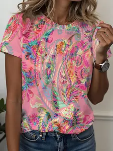 Women's Paisley Print Round Neck Fitted Tee, Vintage Casual Short Sleeve T-shirt for Daily Wear, Ladies Clothes for All Seasons, Top