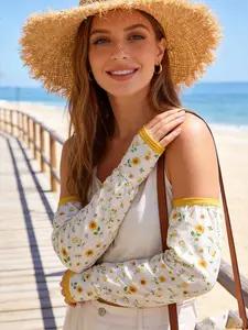 Pair of Lantern Sleeve Sun Protection Sleeves, Floral Print Loose Arm Guards, Ice Silk Breathable UV Blocking, Outdoor Shade