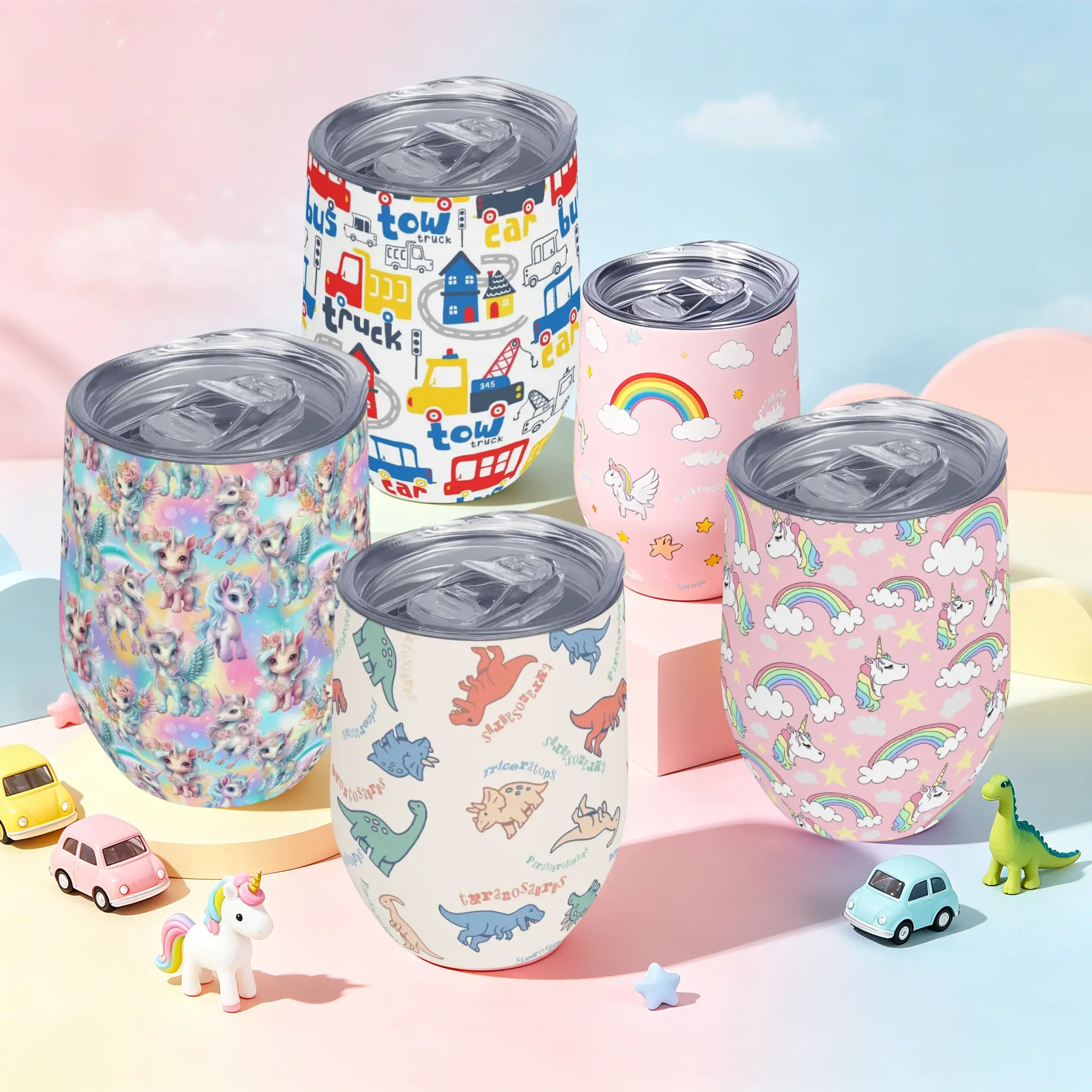 12oz Egg-Shaped Kids Insulated Stainless Steel Tumbler - 18/8 Food Grade Interior, Double Wall Vacuum, Leak-Proof Sliding Lid, Anti-Scalding, 360° Full-Wrap Vivid Unicorn Dinosaur Construction/Truck Print, Back to School/Children’s Day Gift for Kids, Son