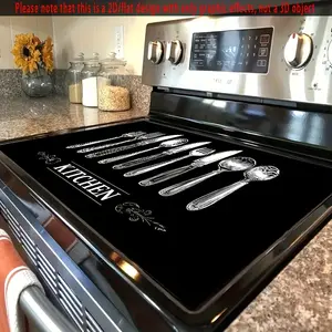 1pc 2D/Flat Kitchen Utensil Pattern Stove Protector, 1pc, Non-Slip Heat-Resistant Synthetic Cover, Anti-Scratch Multipurpose, for Electric Glass Stove Flat Top Oven Washer Dryer Mouse Pad, Kitchen Decoration