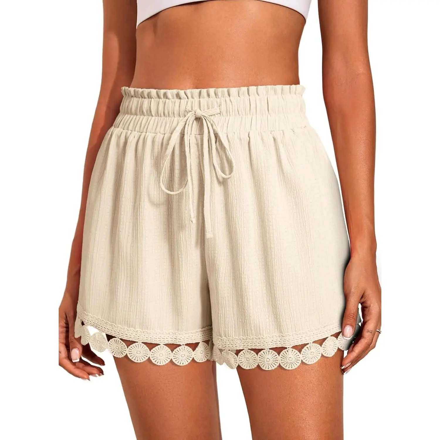 Womens Shorts Summer Casual Loose Elastic Waist Drawstring Lace Boho Beach Cover Up Shorts