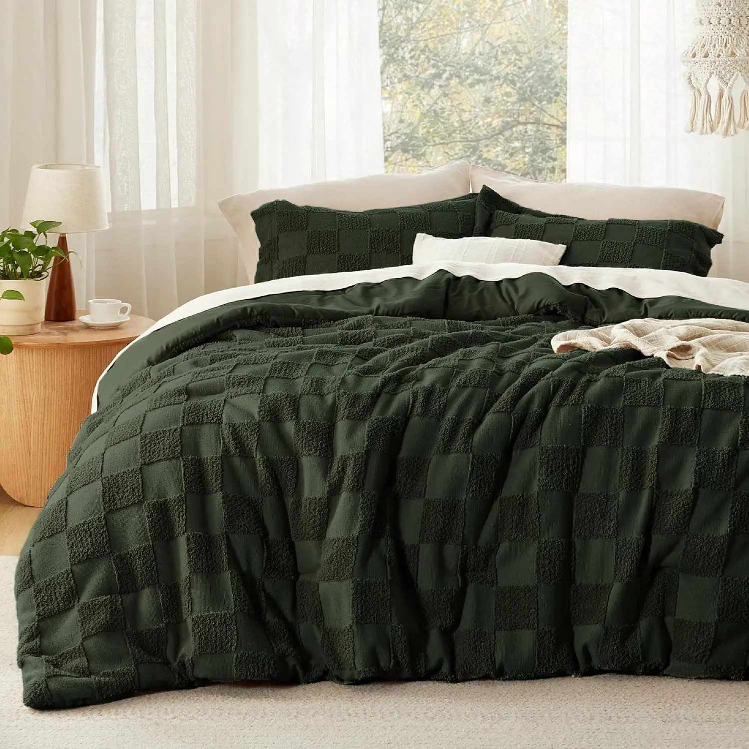 King Size Boho Bedding Set - Dark Olive Green Tufted Checkered Farmhouse Geometric Comforter with 2 Pillow Shams, Bedding Sets