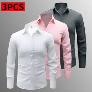 3 pieces of men's fashionable black long-sleeved shirts with geometric designs - fitted cut, lightweight polyester material, suitable for both casual and formal occasions, versatile top | Elegant appearance | Soft texture