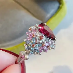 Elegant Adjustable Heart-Shaped Red Cubic Zirconia Engagement Ring for Women - Perfect Valentine's Gift