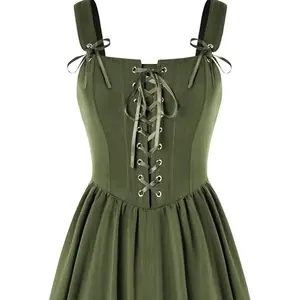 Renaissance Dress Women Lace Up Cottagecore Sleeveless Long Dress Medieval Costume