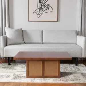 HomeRoots 597143 42 in. Brown & Natural Solid Wood & Wicker Square Double Pedestal Coffee Table