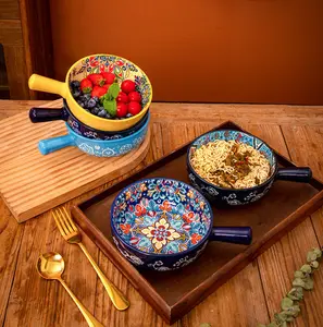 Boho Ceramic Pasta Bowl with Handle - Colorful Floral Pattern, Large Kitchen Tableware for Pasta, Salad, Decorative Dinnerware for Home Dining