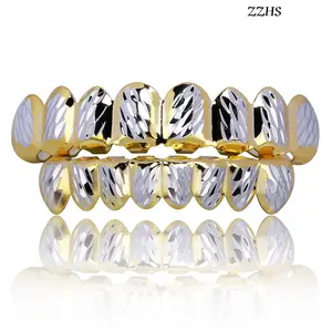 ZZHS 18K Gold Plated Ice Crystal Gold Dentures - 8 Upper & 8 Lower Teeth, Hip Hop Rapper Costume Grillz  Oral Silicone