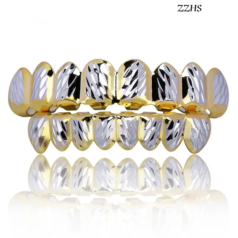 ZZHS 18K Gold Plated Ice Crystal Gold Dentures - 8 Upper & 8 Lower Teeth, Hip Hop Rapper Costume Grillz  Oral Silicone