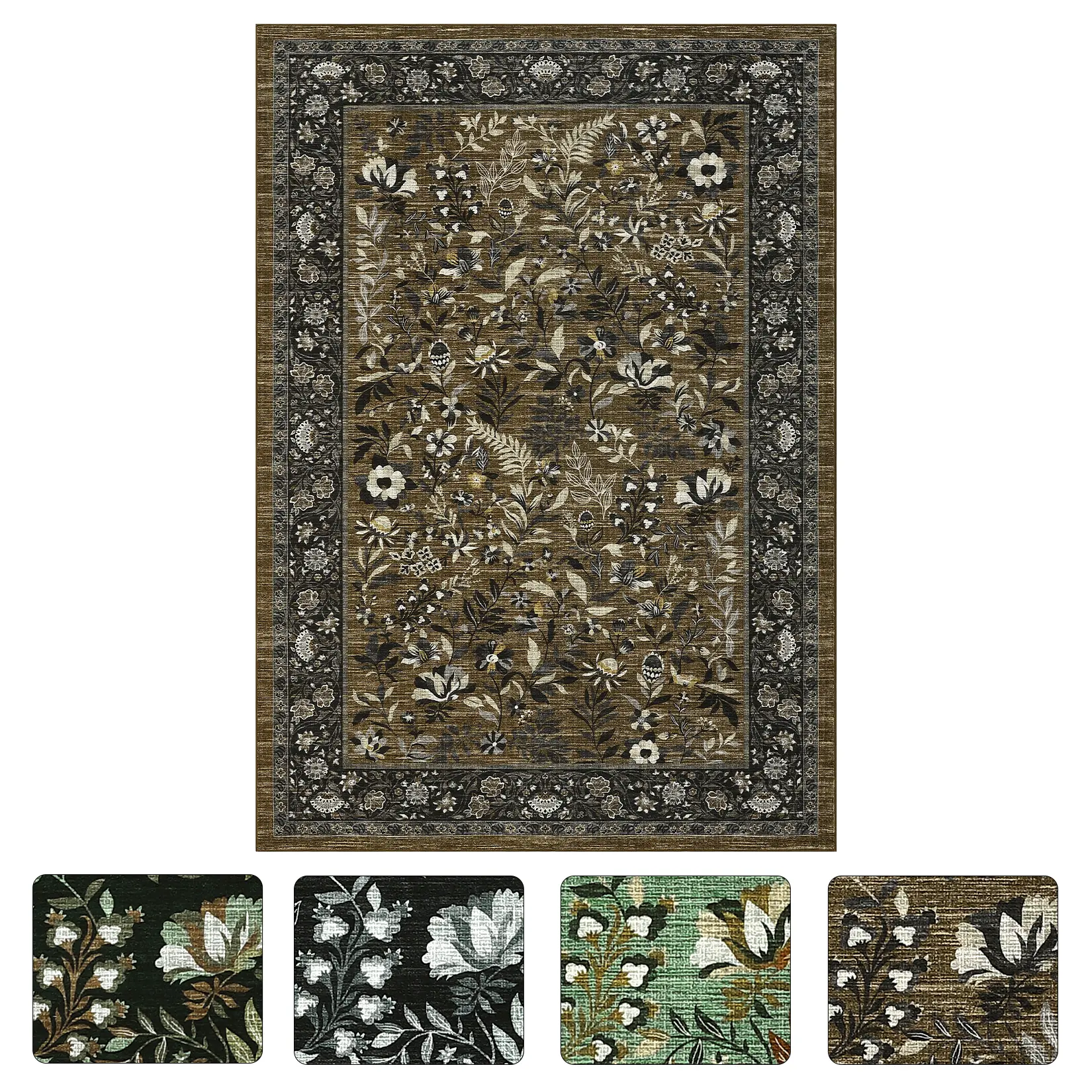 8x10 ft Polyester Brown Rectangular Indoor Area Rug - Foldable Floral Print Modern Bohemian, Absorbent Washable Non-Slip for Hallway, Bathroom Entryway, Absorbent Washable Rug, Modern Bohemian Rug