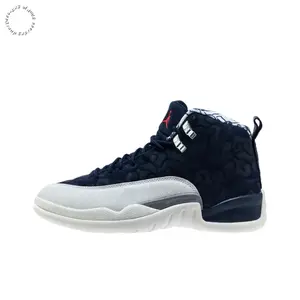 White and Navy High-Top Retro Sneakers with Suede Upper, Cloud Pattern Embossing and Full-Length Zoom Air Cushion for Classic Streetwear Style