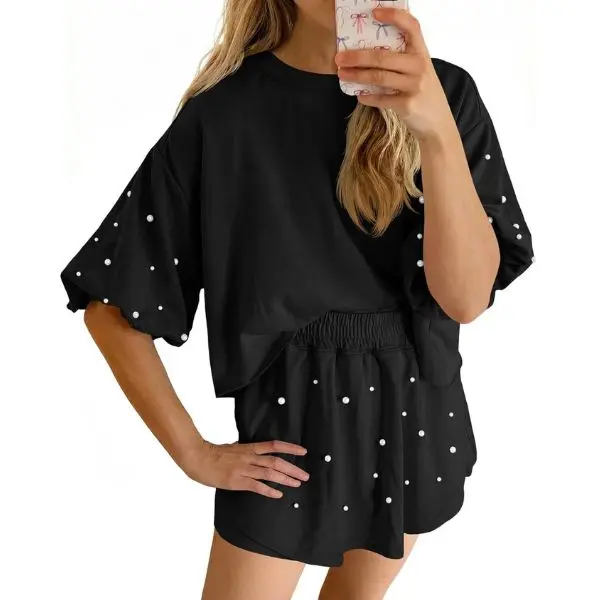 Fisoew Women's 2-Piece Comfy Casual Lounge Set - Pearl-Decorated Puff Sleeve Sweatshirt & Skirt, Comfy Fits, Ideal for Day Outings, Soft Fabric