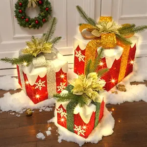 Lighted Christmas Gift Boxes 3 Pcs 60 LED Battery Operated with Bow for Holiday Home Yard Decor Gift for Her