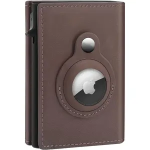 GAOCHALE AirTag Wallet Genuine Leather Air Tag Wallet RFID Technology Credit Card Holder with Minimalist Wallet for Men for Apple AirTag (No Airtag Included)(Coffee)