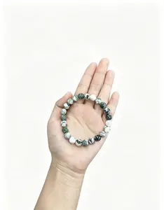 1pc Natural Moss Agate Beaded Bracelet（8mm）, Handmade Green Gemstone Stretch Bangle for Women Men, Boho Style Healing Crystal Jewelry