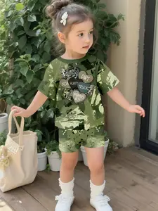 Camouflage love slogan set with digital printing, 100% polyester short-sleeve set for infants and toddlers, cute casual wear for baby girls, suitable for daily and outdoor sports T-shirts, perfect gift for infants and toddlers, Baby Girl Clothes