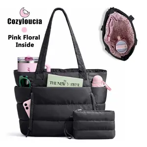 [summervibes] Coyzloucia Tote Bag with Floral Pint inside, Lightweight Puffy Work Handbag Teacher Nurse Quilted Shoulder Bag for School Travel Gym | Cloud Bag, Daily College Bags, 15.6" Laptop Bag, Clinical Nursing Bag, Gift for Women,