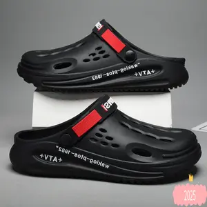 Men's Stylish Thick Sole EVA Clogs With Monogram Design Slip On Garden Shoes Thick Sole Breathable Clogs For Men With Safety Yellow Strap Insole Print Outdoor Comfort Non Slip Work Clogs