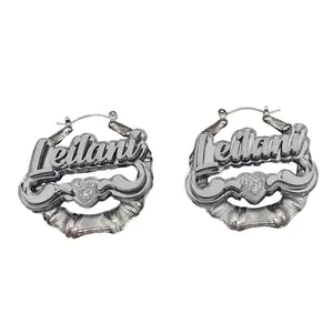 Custom Heart and Swirl Name Silver Bamboo Hoop Earrings – Personalized Nameplate Earrings with Custom Background Color – Large Statement Hoops, Trendy Jewelry for Women, Girls, Teens, Birthday Gift, Hip Hop Style, Bling Accessories, Cute Fashion Earrings
