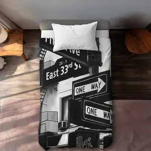 Begin Home Decor C1DCTXLWM9BJDK Black Building Twin Size Extra Long Duvet Cover - NYC Apartment Signs Decor