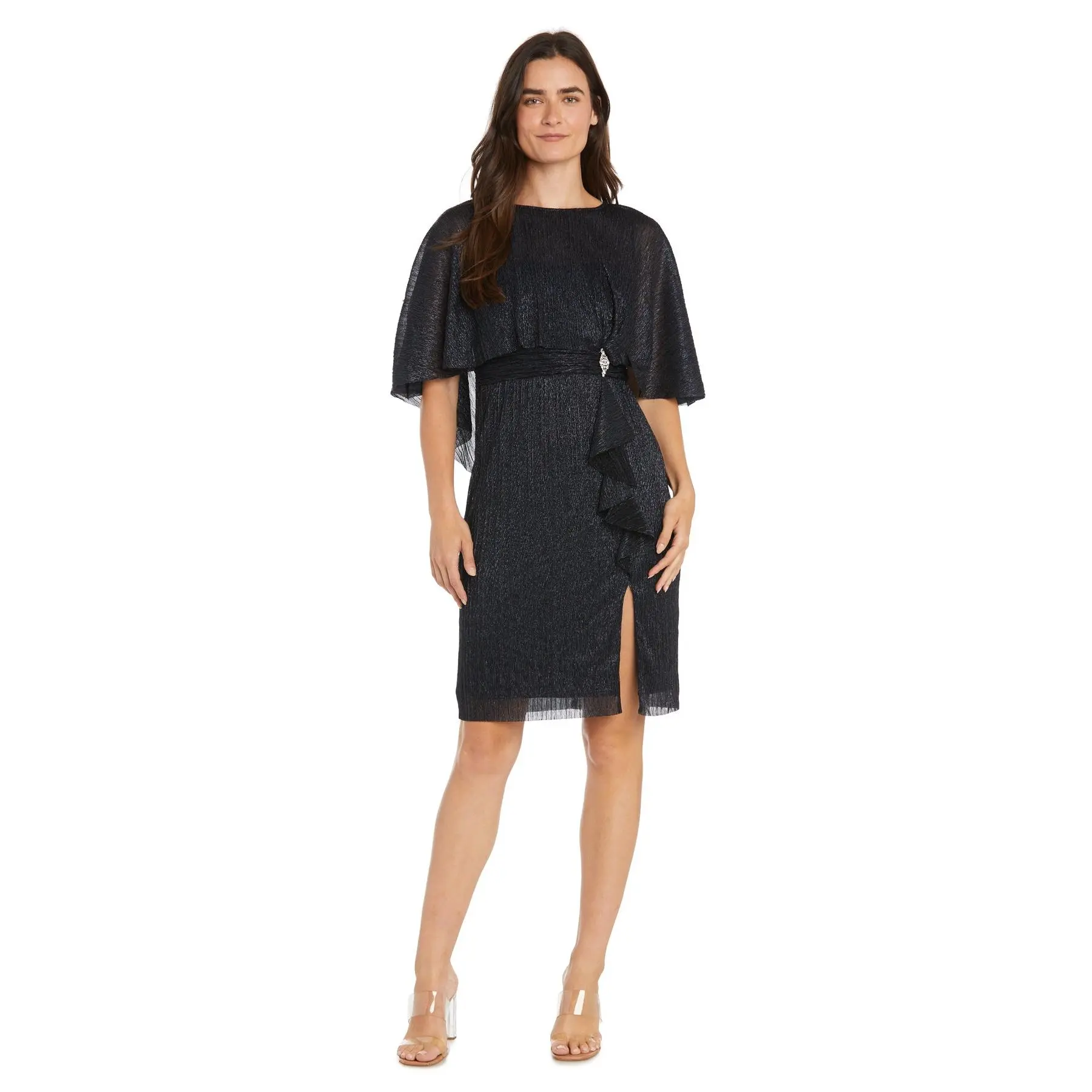 Cocktail Caplet Dress with Rhinestone and Ruffle Side Detail - Petite