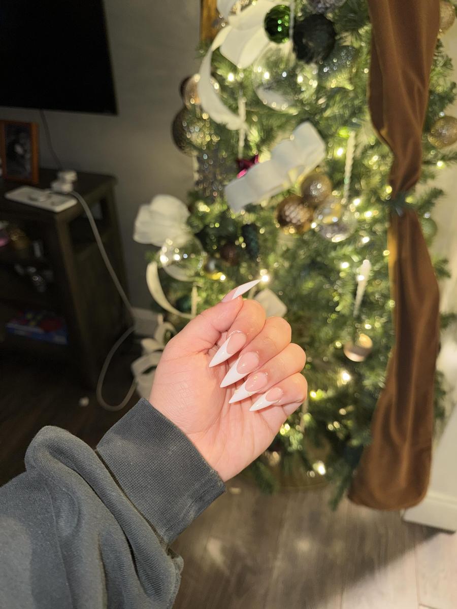 Item: Medium White French Tip Sharp Stiletto Baby Pink