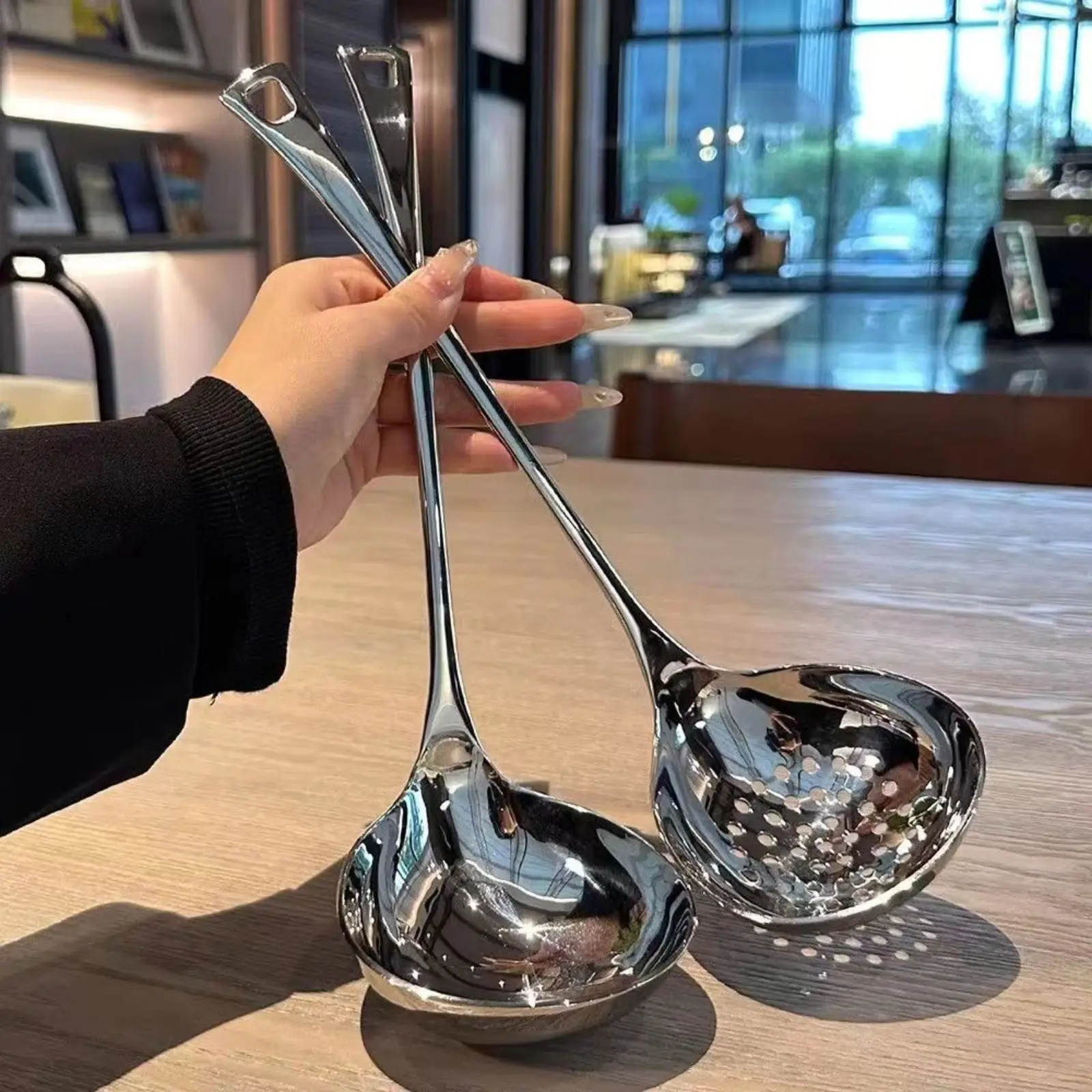 Stainless Steel Hot Pot Utensil Set - Long-Handled Soup Ladle, Slotted Spoon Combination, Household Kitchen Tool for Sports & Outdoor Accessories Use, Kitchen Cooking Accessories, With Handle, Hot Pot Use