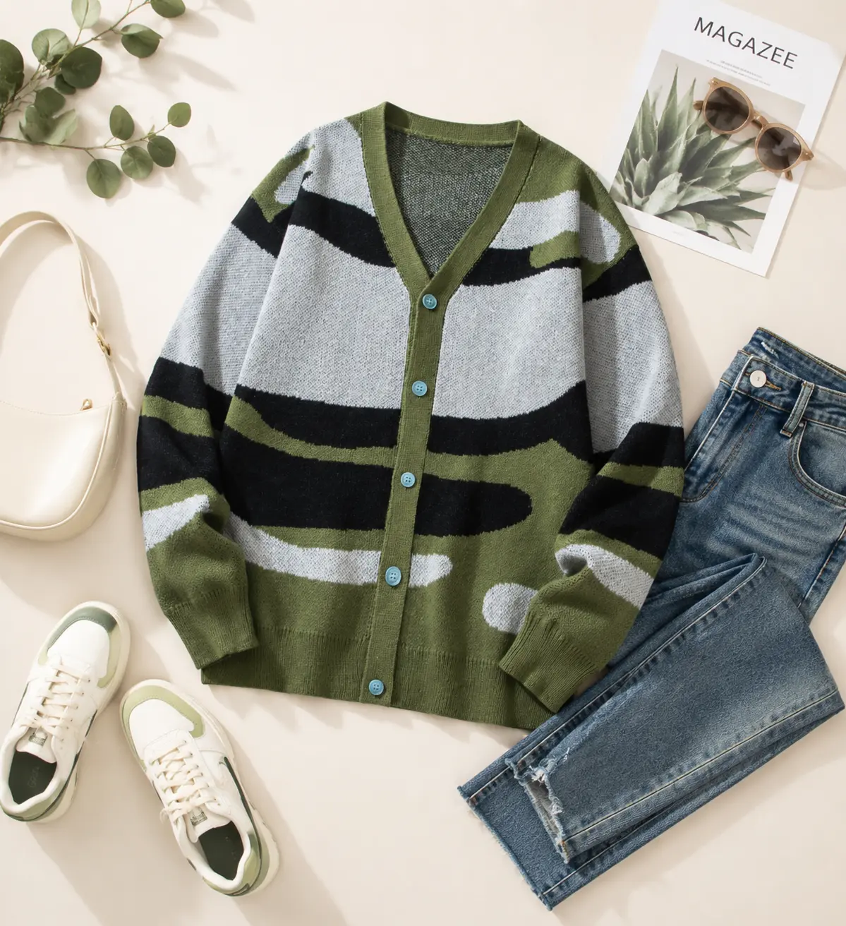 Women's Oversized Knit Cardigan Sweater Vintage Grunge Abstract Camo Striped V Neck Button Down Top Y2K Streetwear Casual Fall Winter Cozy Warm Outerwear Trendy Indie Retro Aesthetic Loose Fit Jumper Harajuku Fashion Cute Knitwear Clothing
