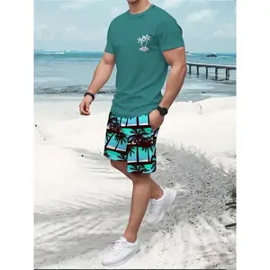 Men'S 2pcs Summer Beach Suit, Hawaiian Coconut Tree Print, Casual Crew Neck T-Shirt & Drawstring Shorts, Polyester Knit Fabric, Regular Fit, All Over Print, Outdoor Leisure Set Menswear Clothes