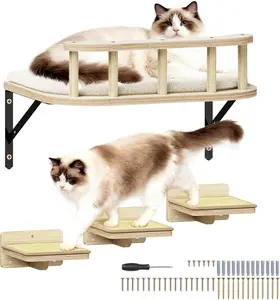 Large Cat Wall Shelves Wall Climber Wooden Furniture Cat Rest Shelf with Cushion 3 Wide Perch Steps for Large Cats Kittens Sleeping Playing Climbing Durable Materials Easy Clean