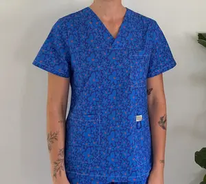 Sister Blue Print Nursing Scrub Top – Unisex V Neck Medical Uniform & Comfortable Healthcare Workwear