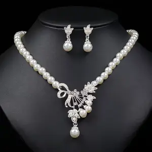 3pcs Elegant Pearl Necklace and Earrings Set for Women - Vintage Style, Alloy Drop-Shaped Flower Design, Ideal for Bridal Dresses and Parties, Wedding Jewelry|Vintage Style Jewelry|Alloy Jewelry, Wedding Jewelry
