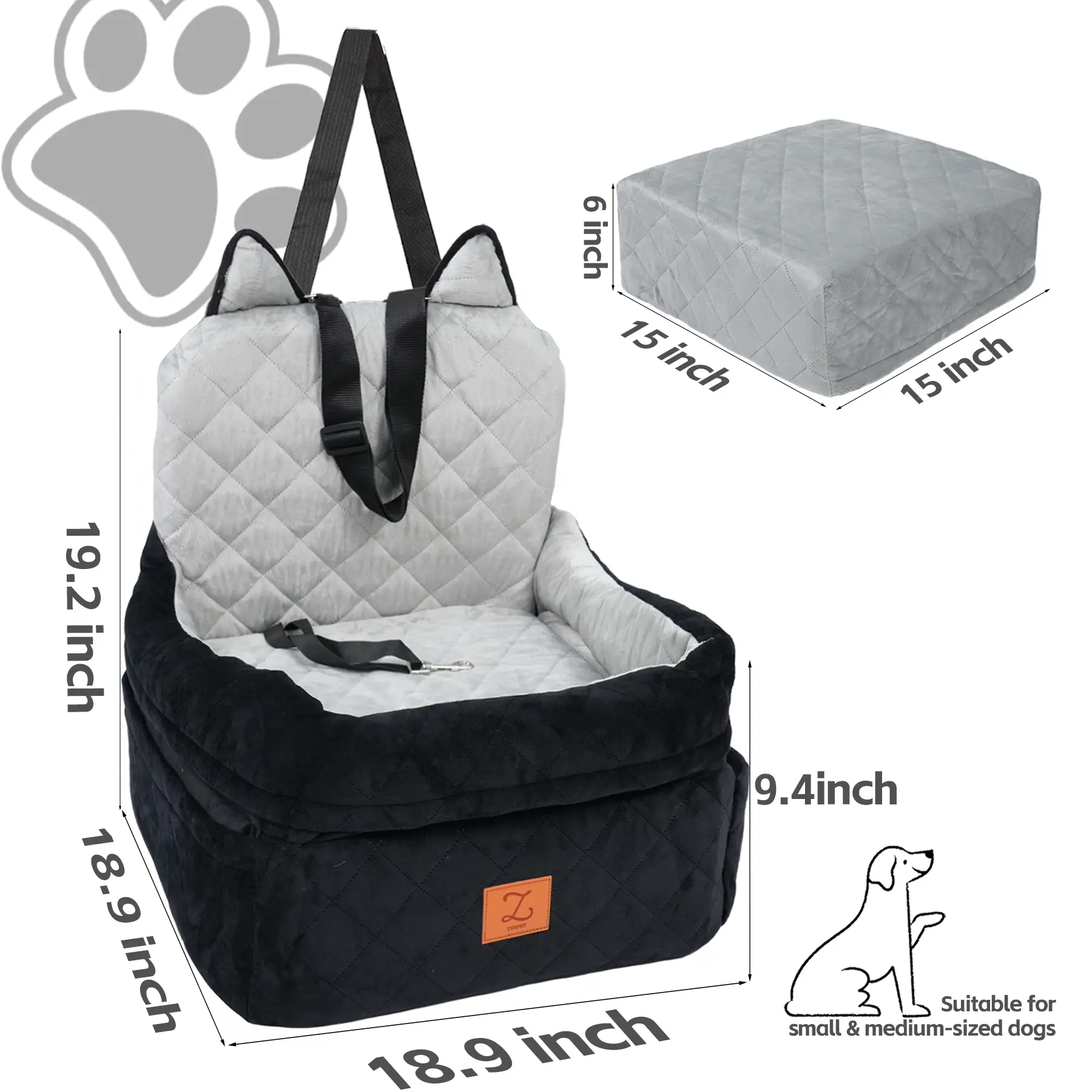 ZVRpet Dog Car Seat Fully Detachable and Washable Memory Foam Covered Car-mounted Pet kennel Soft Fabric Easy to Install with Adjustable Straps Anti-S