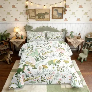 Cute Dino Kids Comforter Set,Kawaii Pink Green Dinosaur Bedding Comforters Bedroom Collection,Cartoon Wildlife Floral Leaves Plant Bedding Set