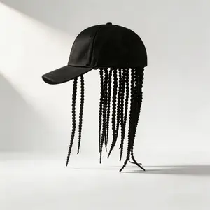Hip-hop punk baseball cap with braided dreadlock wig in black, adjustable snapback, high-temperature fiber, 35.05cm 44.96cm, for motorcycle style urban fashion.