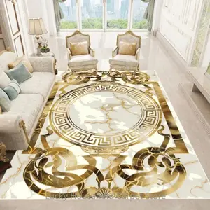 LuxuryGold Marble Greek Key Flannel Area Rug - Ornate Meander Pattern Print Soft Mat for Living Room, Non-Slip Modern Home Decor #LuxuryGoldMarbleRug #GreekKeyMat #ModernHomeDecor #OrnateCarpet #NonSlipFlannelRug